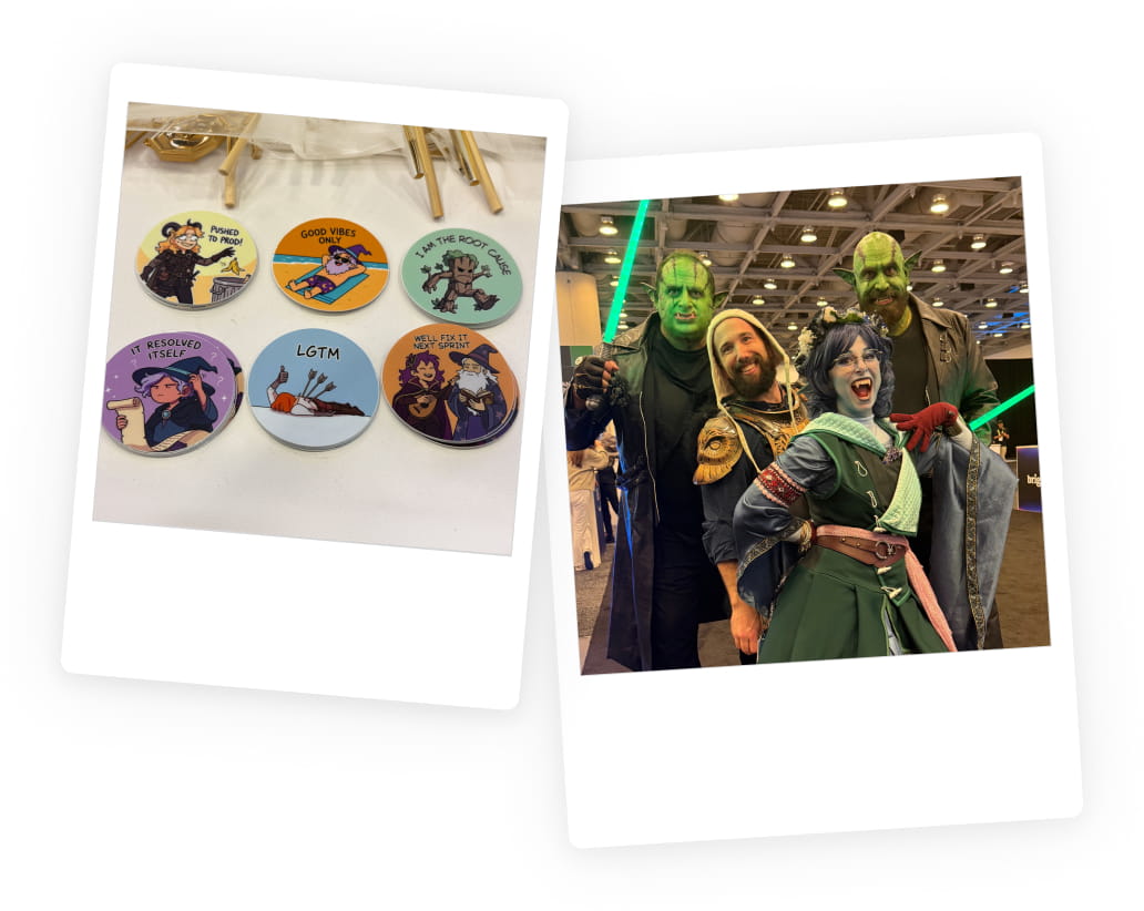 Our elf and knight in the expo hall, and the booth loot