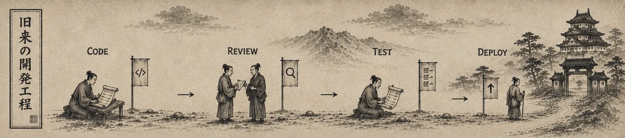 The old software development lifecycle as a mostly straight road: code, review, test, deploy, with a
              few small speed bumps.
