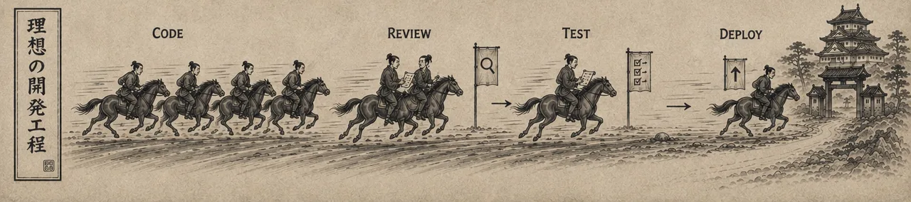 Where this goes: riders galloping the full highway through code, review, test, and deploy, all the
              way to production.
